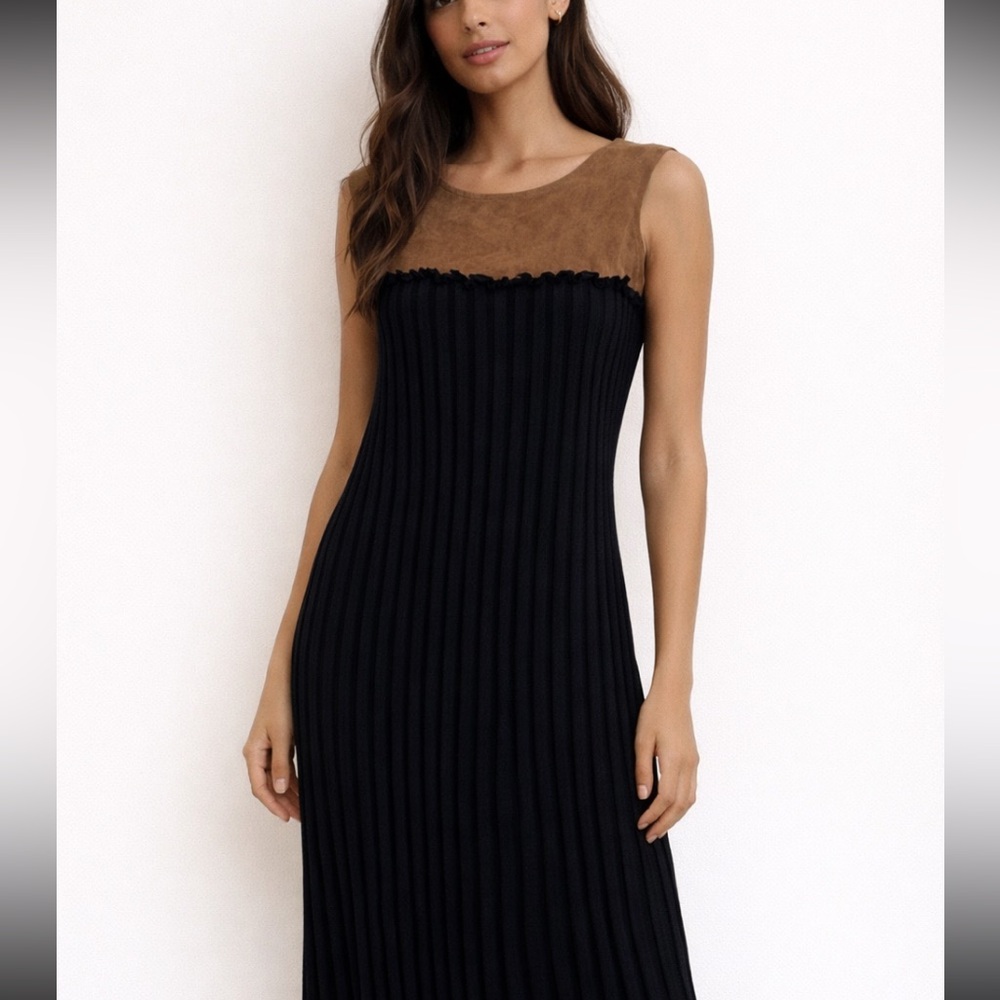 Si-IAE Women’s Dress Sleeveless Suede Leather Silk Cashmere Black Brown Size Sm